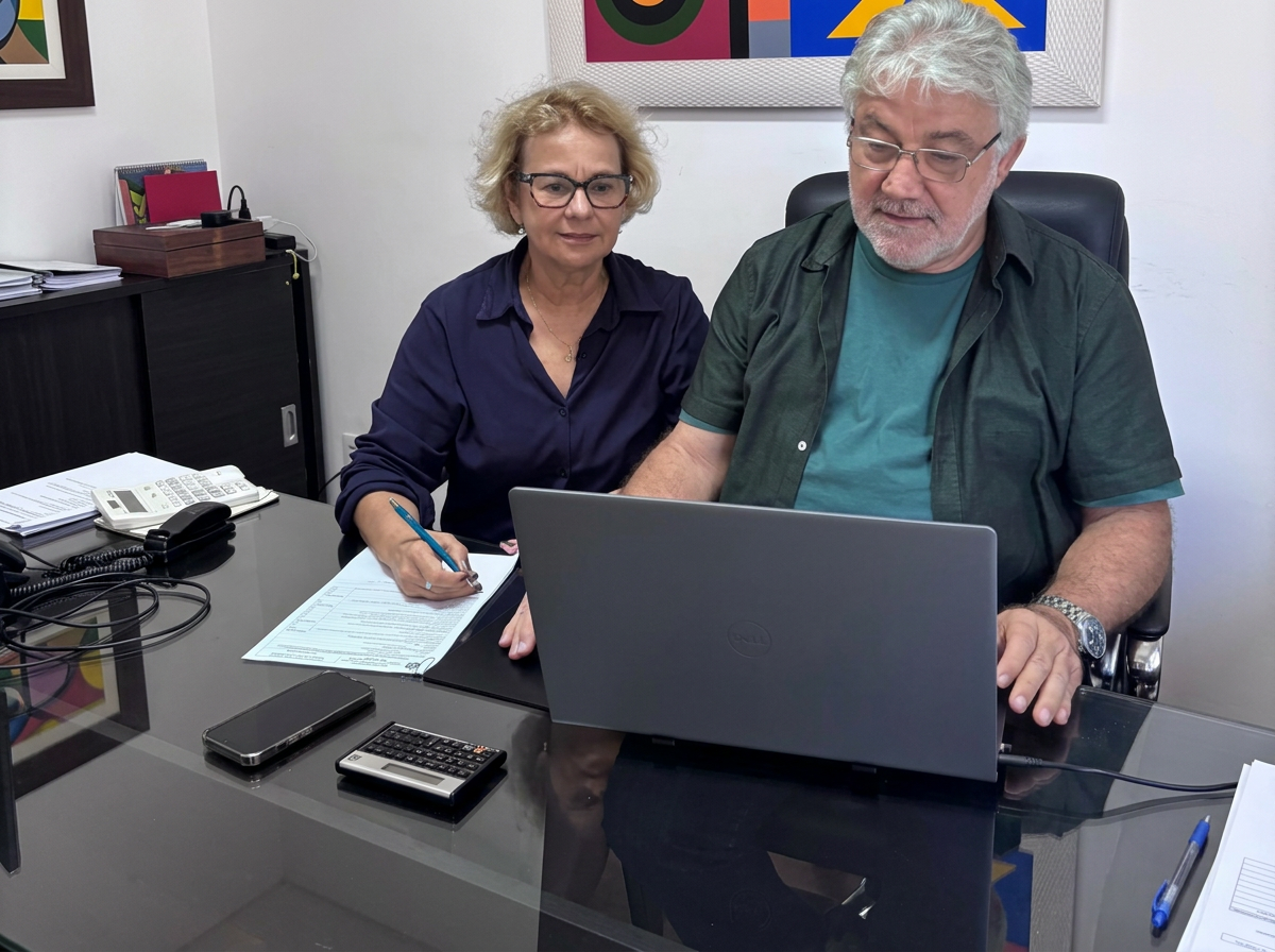 Roque e Cida, fundadores da RC Contabilidade, trabalhando juntos no escritório